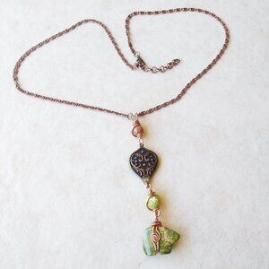 Unique Unakite Jasper Bear "Y" + Copper Necklace! 4 Wire Wrapped Beaded Sections